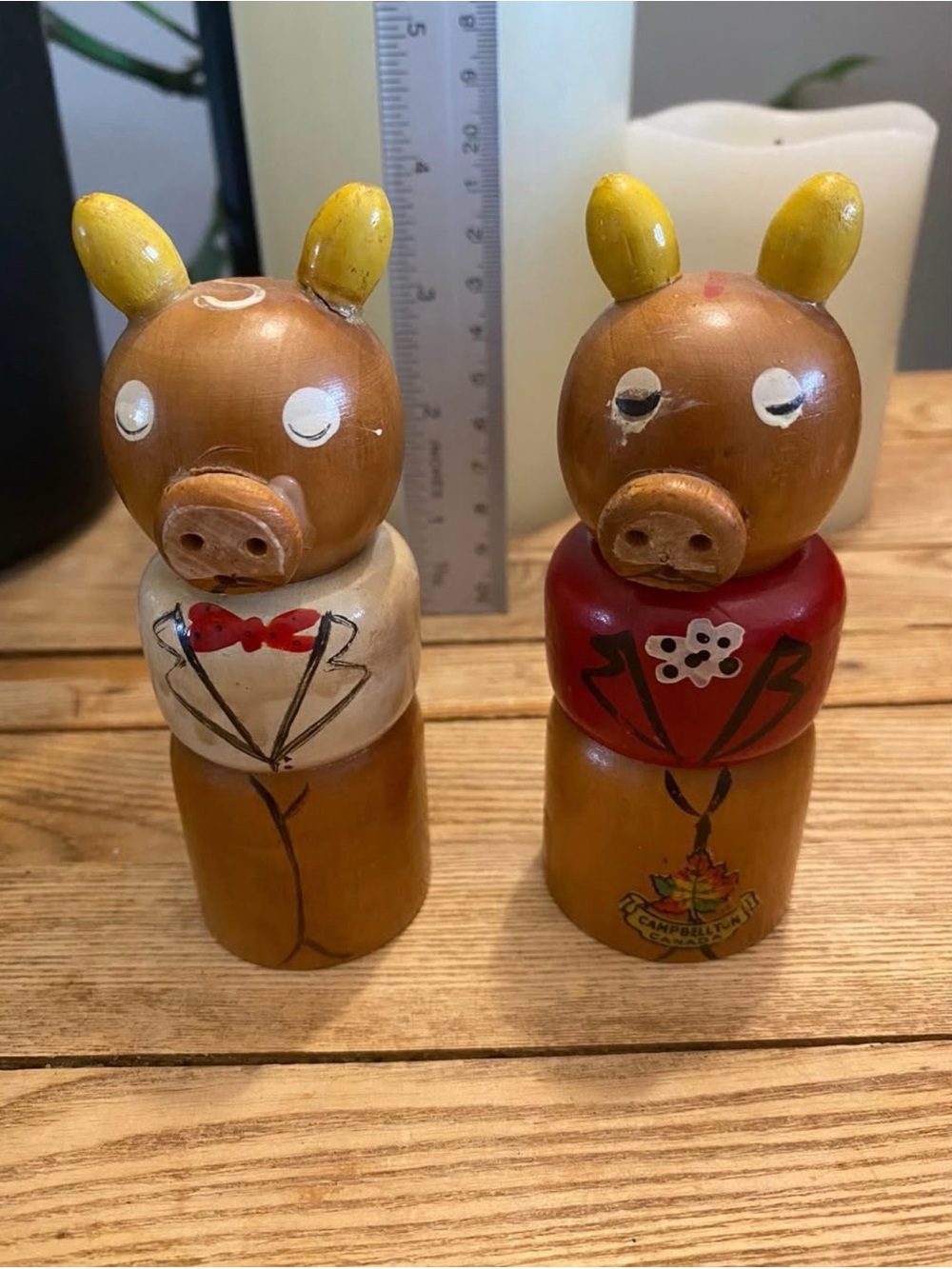 Vintage Hand-Painted Wooden Pig Salt and Pepper Shakers